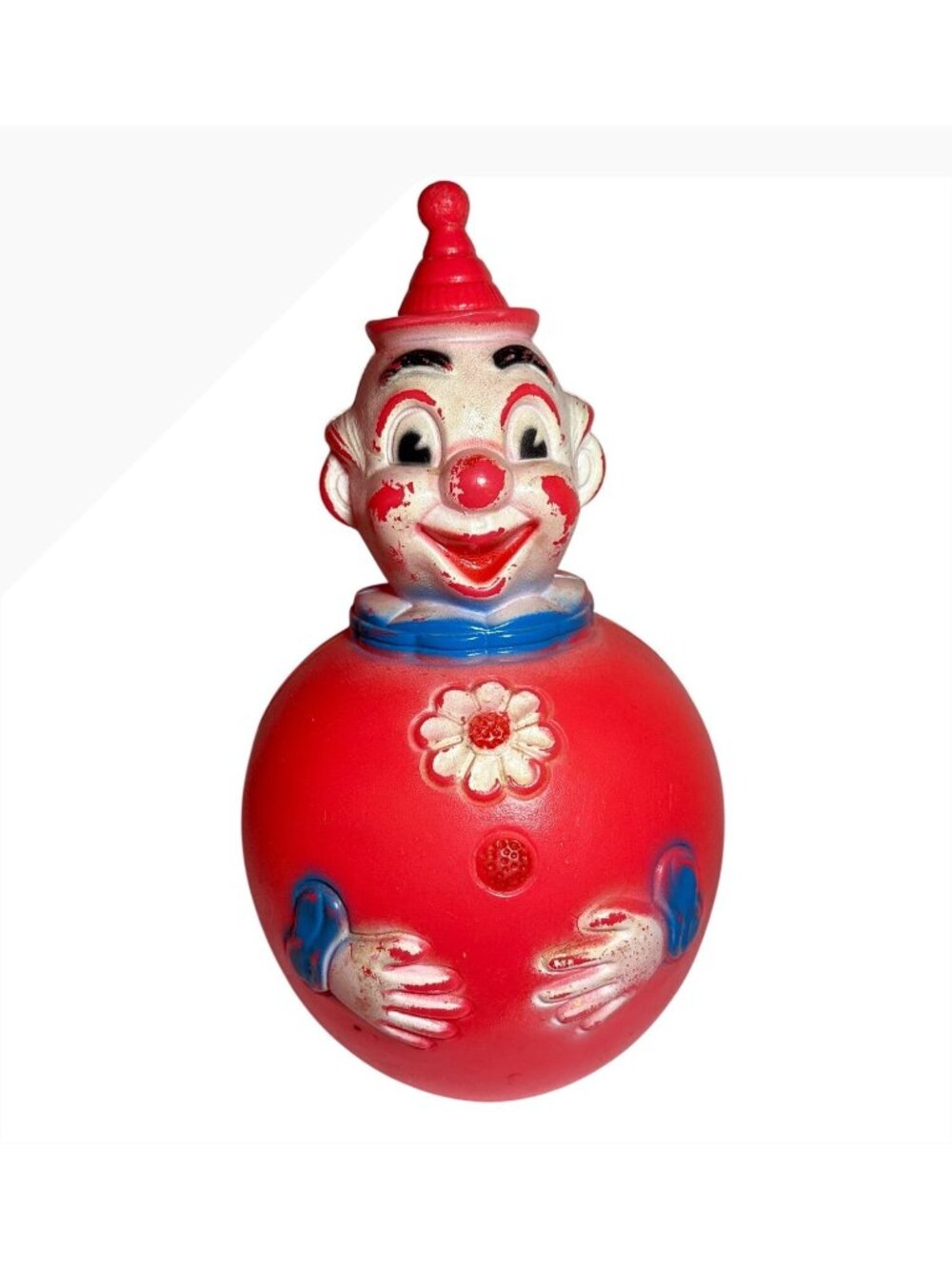Vintage Regal Red Plastic Clown Roly Poly Toy Painted Details Flower Design